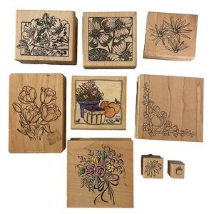 Flowers Bouquet Garden 9 Wood Block Rubber Stamps Medium Small Mixed Lot